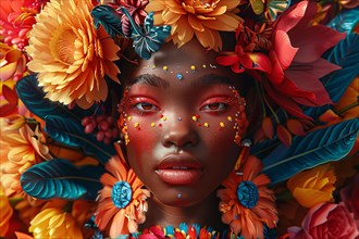 Hyper-realistic portrait of a woman with intricate face paint surrounded by vibrant floral