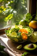 Citrus and avocado salad placed gently on a rustic wooden table surrounded by lush indoor plants,