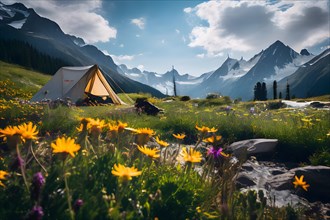 Alpine meadow campsite with wildflowers in full bloom, AI generated