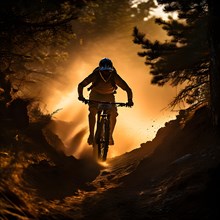 Mountain biker silhouette fleeing with the setting suns backdrop carving a path of dust, AI