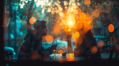 An intimate moment of a couple at a table with the backdrop of evening rain and bokeh lights having