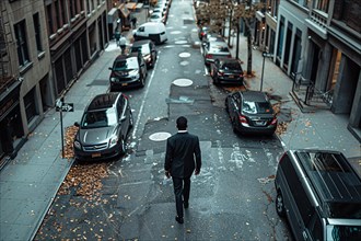 A solitary man walking down an urban street lined with parked cars, AI generated