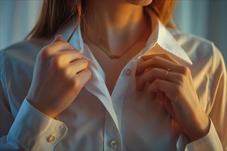 Close-up of a woman in a white blouse, creating a sense of intimacy under soft, warm lighting, AI