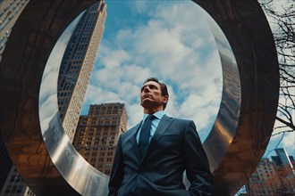 Businessman in a suit stands powerfully before skyscrapers and a circular sculpture, AI generated