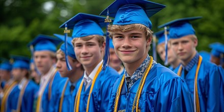 Group of caucasian young men in blue gowns at a graduation ceremony outdoors, AI generated