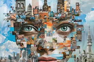 A collage creating a woman's face with eyes overlaid on a patchwork of architectural sights,