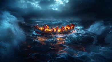 Rowers navigate a small boat through a dramatic stormy sea at night, AI generated