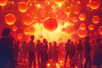 Silhouettes of people at a party with spherical lights and a red ambient atmosphere, illustration,