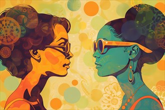 Artistic illustration of two women in profile, adorned with vibrant patterns and colors,