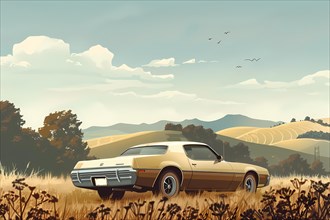 A serene illustration of a classic car in a countryside landscape with rolling hills, illustration,