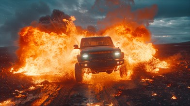 Off-road vehicle bursting through fire and smoke on a rugged terrain at dusk, AI generated