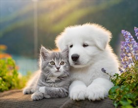 Dog, puppies of a white shepherd dog cuddling with a young white cat, AI generated, AI generated