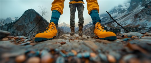 Close-up of colorful hiking boots on a mountain trail with scenic backdrop, AI generated
