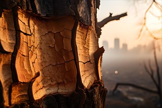Tree barks texture cracked and dry juxtaposed with a faint city silhouette indicating climate