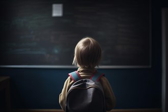 Back view of young child with backpack in front of chalkboard in school class room. KI generiert,