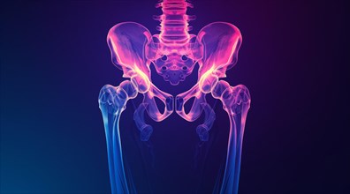 Digital medical artwork depicting pelvis bones with a vivid purple lighting effect, ai generated,