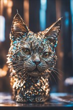 Close-up of a cat with intense gaze and shimmering coat with bokeh effect, ray tracing 3d