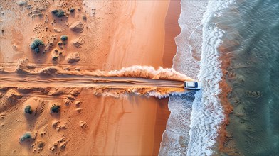 A car crossing where the desert dunes meet the ocean surf, action sports photography, AI generated