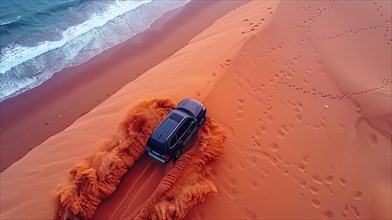 A 4x4 carving deep tracks in a sand dune near the coastline with moody skies, action sports