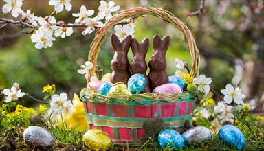 Chocolate Easter bunnies in a colourful Easter nest in the garden, symbolic Easter photo, AI