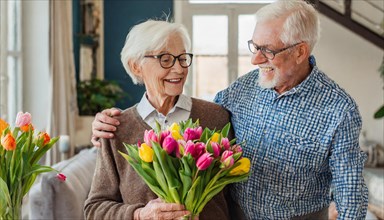 Two senior citizens smile at each other with a fresh bunch of tulips in a bright living room, AI