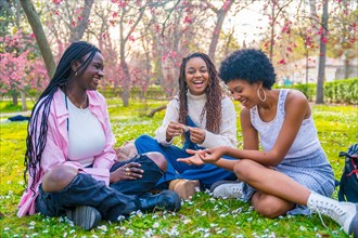 Playful african young women messing with flowers sitting on the grass in a park