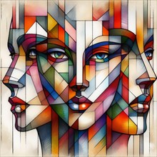 Vivid abstract geometric artwork of two intertwined faces, square aspect, AI generated