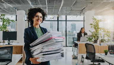 Cheerful woman with curls and glasses carries a pile of files, symbol bureaucracy, AI generated, AI