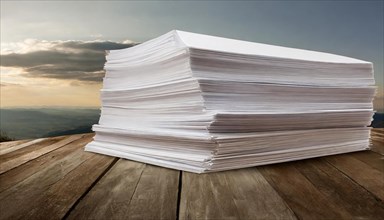 A large pile of papers on a wooden table with a cloudy sky in the background, symbolising