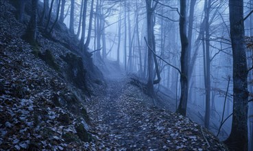 A leaf-strewn path through a foggy forest during twilight AI generated