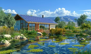 Wooden house with solar panels reflects on a peaceful pond with clear blue sky AI generated