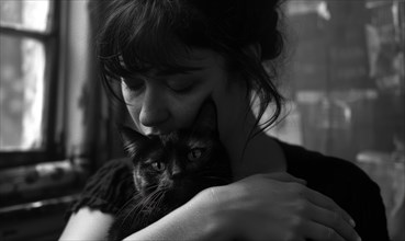 Black and white image of a woman hugging a cat AI generated