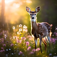 Young deer standing in a field of blooming wildflowers with soft morning light, AI generated
