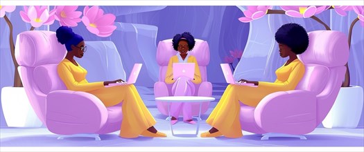 Three women in pink chairs using laptops in a futuristic, relaxing environment, AI generated