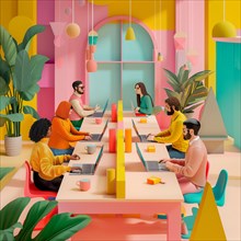 Team members engaged in work in a colorful and stylish modern office, AI generated