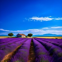 Lavender fields in full bloom bathed in the warm glow of the summer sun, AI generated