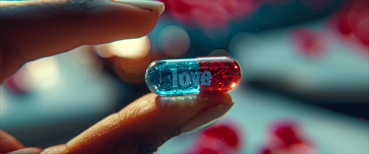 A capsule split in blue and red colors with 'love' text, held between fingers with a bokeh effect,