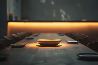 Warmly lit empty table setting with a minimalist mood, AI generated