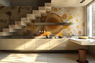 Modern kitchen with abstract wall design bathed in natural light, AI generated