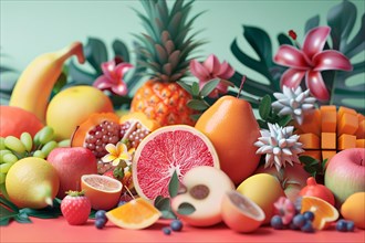 Arrangement of various fruits with dominant citrus tones against a cool aqua background,