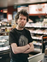 Confident man in casual clothing standing in a supermarket aisle, AI generated
