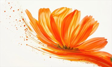 A vibrant orange brush stroke forming a chamomile petal. Chamomile flower painted on white
