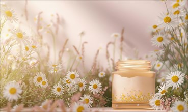 Blank cosmetic jar mockup placed on an elegant watercolor chamomile background, skin care and