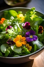 Salad adorned with microgreens and edible flowers, AI generated