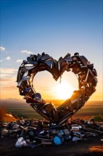 Heart shaped sculpture crafted from assorted recycled items, AI generated
