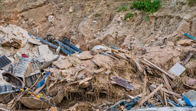 A landslide with construction waste and debris polluting the environment, in South Korea