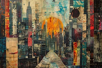 Abstract artistic collage of an urban cityscape with skyscrapers at sunset, illustration, AI