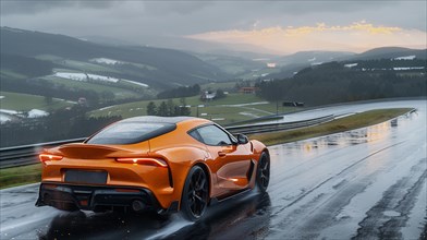 Orange sports car driving on a rain-soaked curving road through the countryside, AI generated
