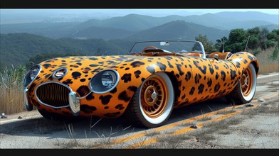 Funny cartoonish Animal print classic convertible car parked at a scenic overlook with panoramic