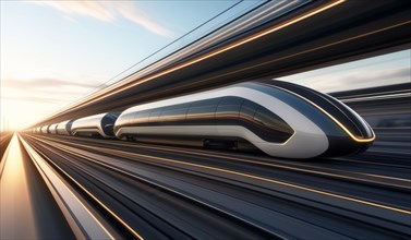 Futuristic train speeding along tracks with motion blur and sunrise in the background, ai